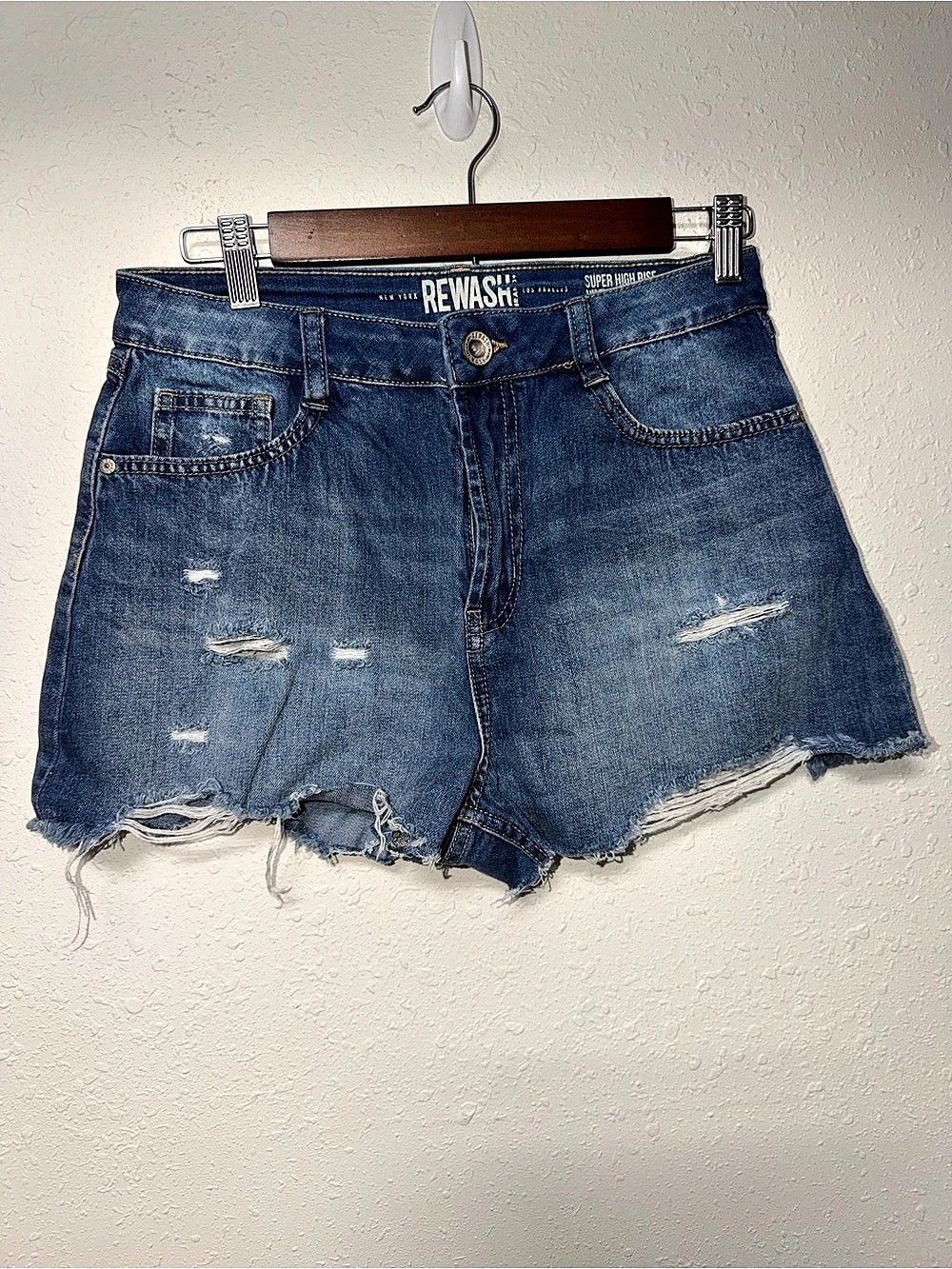 REWASH Super High Rise Vintage Rewash Distressed Denim Shorts in Blue Waist 27